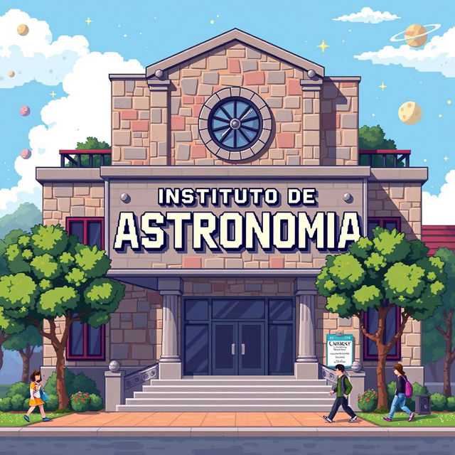 A pixel art representation of a university building featuring a large sign that reads 'Instituto de Astronomia'