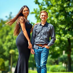 A strikingly tall woman standing beside a shorter man, emphasizing their contrasting heights in a playful and affectionate manner