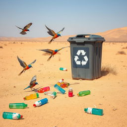 In a dry and barren desert landscape, vibrant birds are depicted actively picking up colorful plastic bottles scattered across the sandy ground