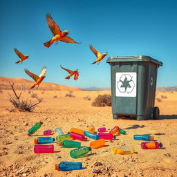 In a dry and barren desert landscape, vibrant birds are depicted actively picking up colorful plastic bottles scattered across the sandy ground