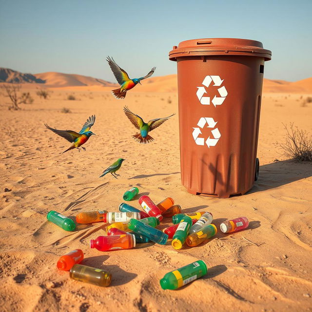 In a dry and barren desert landscape, vibrant birds are depicted actively picking up colorful plastic bottles scattered across the sandy ground