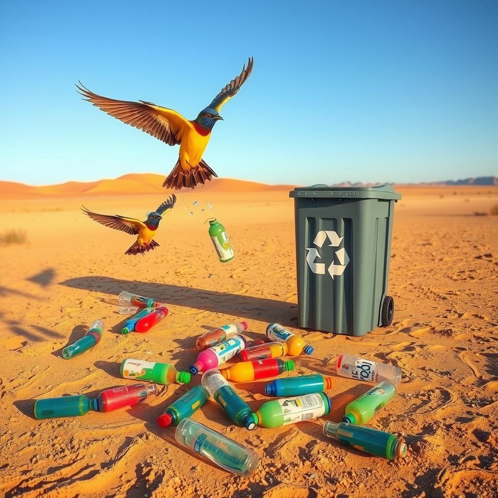 In a dry and barren desert landscape, vibrant birds are depicted actively picking up colorful plastic bottles scattered across the sandy ground