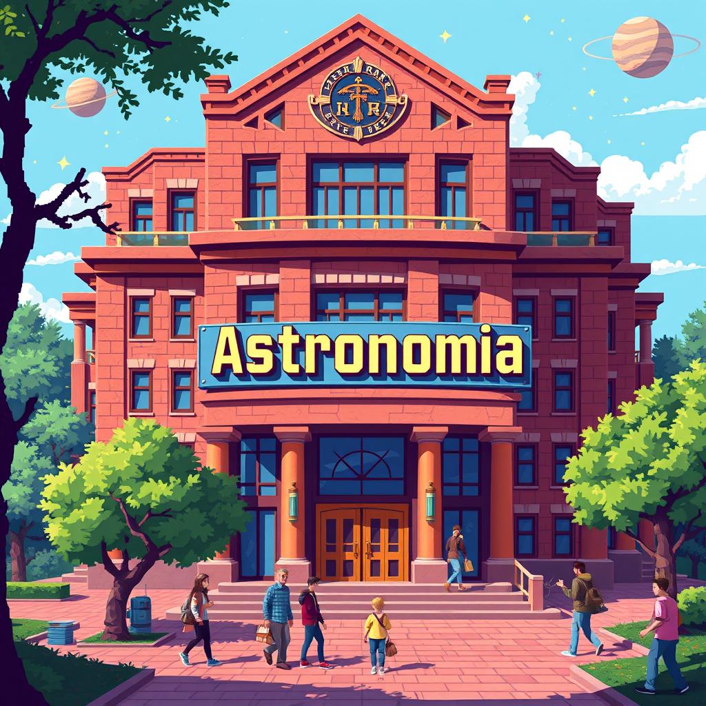 A vibrant pixel art depiction of a university building featuring a prominent sign that reads 'Astronomia'