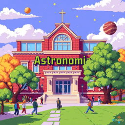 A vibrant pixel art depiction of a university building featuring a prominent sign that reads 'Astronomia'