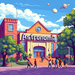 A vibrant pixel art depiction of a university building featuring a prominent sign that reads 'Astronomia'