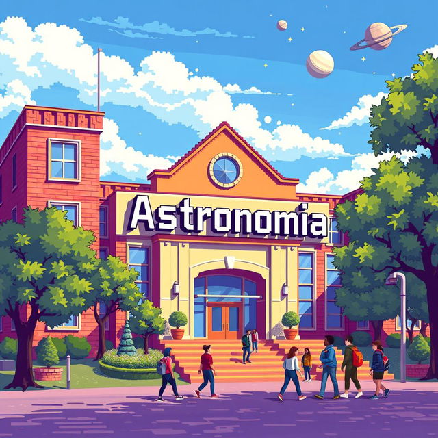 A vibrant pixel art depiction of a university building featuring a prominent sign that reads 'Astronomia'