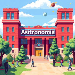 A vibrant pixel art depiction of a university building featuring a prominent sign that reads 'Astronomia'
