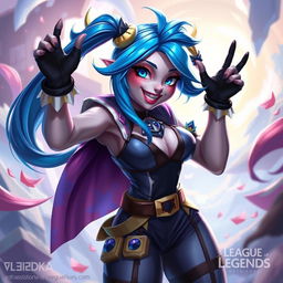 A beautifully rendered artistic interpretation of Jinx, the popular character from League of Legends, depicted in a stylized and tasteful manner while celebrating her playful and mischievous personality