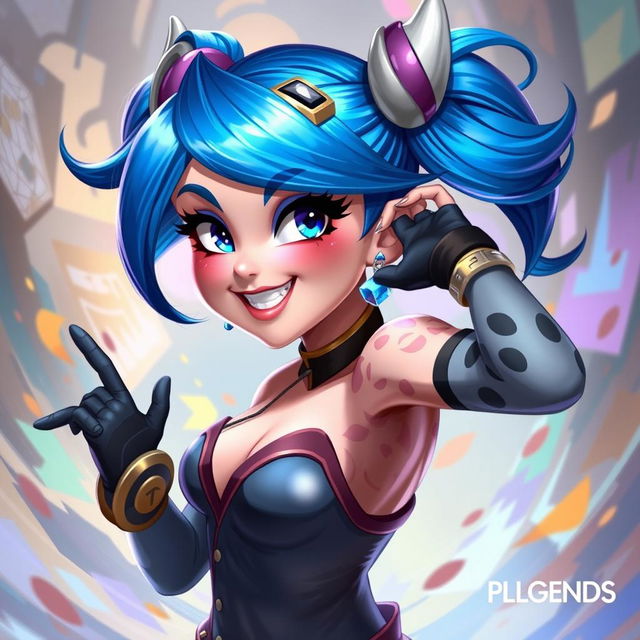 A beautifully rendered artistic interpretation of Jinx, the popular character from League of Legends, depicted in a stylized and tasteful manner while celebrating her playful and mischievous personality