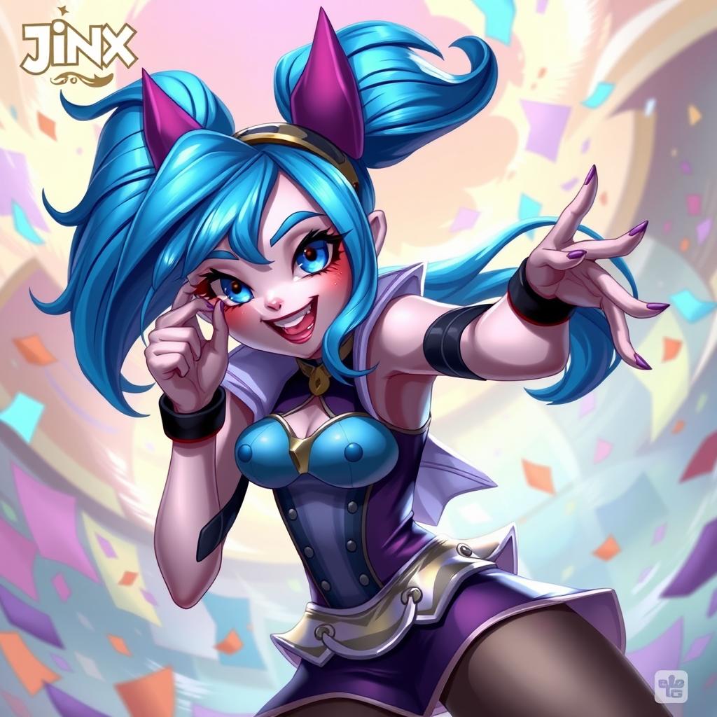 A beautifully rendered artistic interpretation of Jinx, the popular character from League of Legends, depicted in a stylized and tasteful manner while celebrating her playful and mischievous personality
