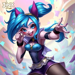 A beautifully rendered artistic interpretation of Jinx, the popular character from League of Legends, depicted in a stylized and tasteful manner while celebrating her playful and mischievous personality