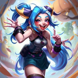 A beautifully rendered artistic interpretation of Jinx, the popular character from League of Legends, depicted in a stylized and tasteful manner while celebrating her playful and mischievous personality