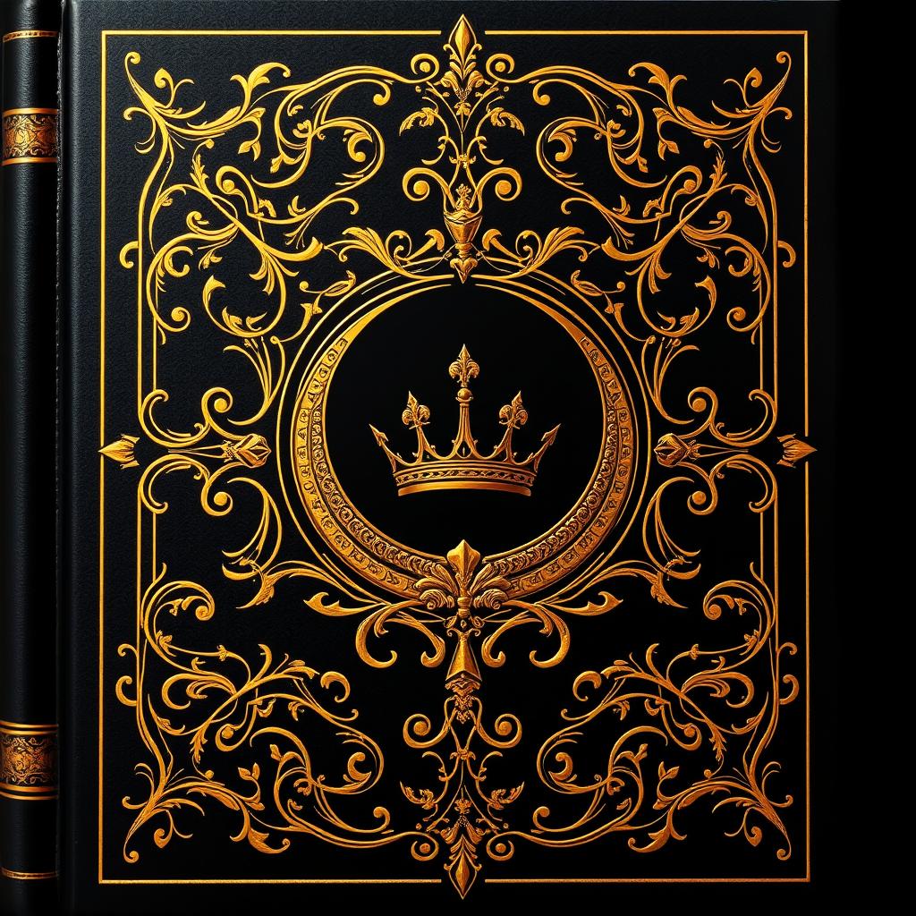 A gothic book cover featuring intricate gold lines and detailed ornamental patterns