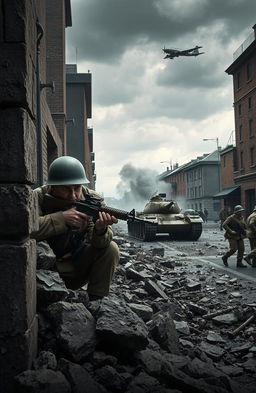 A dramatic scene depicting World War 2 in an urban setting, showcasing soldiers in vintage military uniforms with detailed textures and expressions