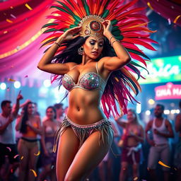 A stunning depiction of a sexy samba dancer in full motion, showcasing her graceful movements and vibrant energy