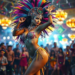 A stunning depiction of a sexy samba dancer in full motion, showcasing her graceful movements and vibrant energy