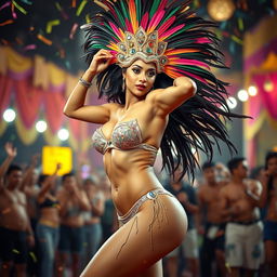 A stunning depiction of a sexy samba dancer in full motion, showcasing her graceful movements and vibrant energy