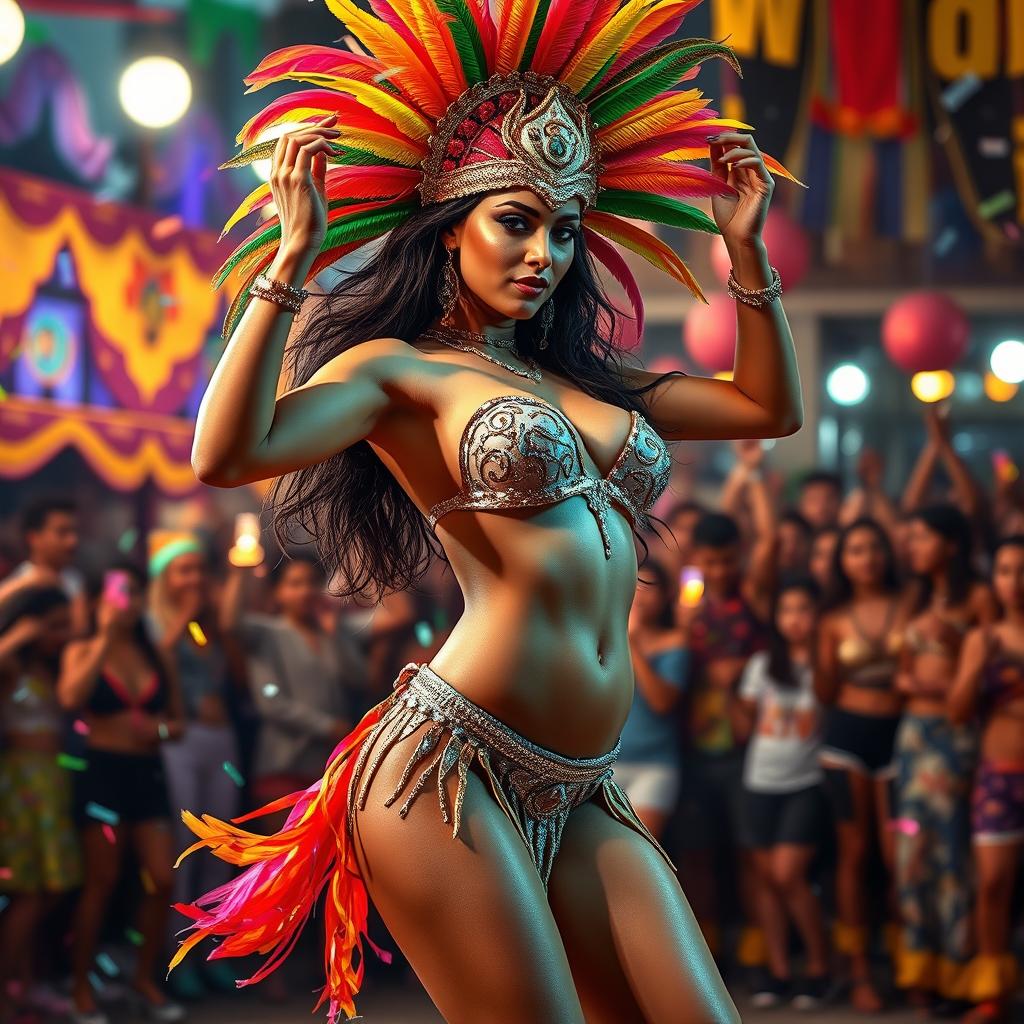 A stunning depiction of a sexy samba dancer in full motion, showcasing her graceful movements and vibrant energy