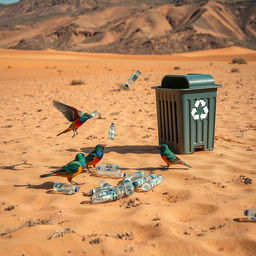 In a stark, dry, and barren desert landscape, colorful birds are depicted actively picking up discarded plastic bottles from the sandy ground
