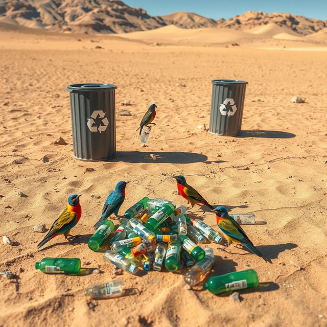 In a stark, dry, and barren desert landscape, colorful birds are depicted actively picking up discarded plastic bottles from the sandy ground