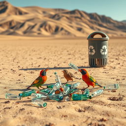 In a stark, dry, and barren desert landscape, colorful birds are depicted actively picking up discarded plastic bottles from the sandy ground