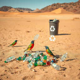 In a stark, dry, and barren desert landscape, colorful birds are depicted actively picking up discarded plastic bottles from the sandy ground