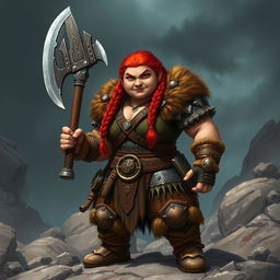 A stocky redhead barbarian dwarf lady, exuding strength and confidence, standing firmly with a menacing look on her face