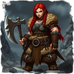A stocky redhead barbarian dwarf lady, exuding strength and confidence, standing firmly with a menacing look on her face