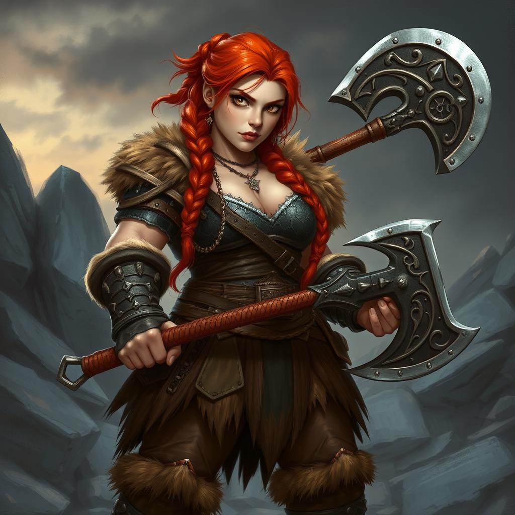 A stocky redhead barbarian dwarf lady, exuding strength and confidence, standing firmly with a menacing look on her face