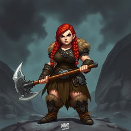 A stocky redhead barbarian dwarf lady, exuding strength and confidence, standing firmly with a menacing look on her face