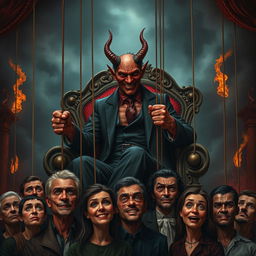 A realistic representation of the devil, with a cunning smile, sitting comfortably on a grand, ornate throne