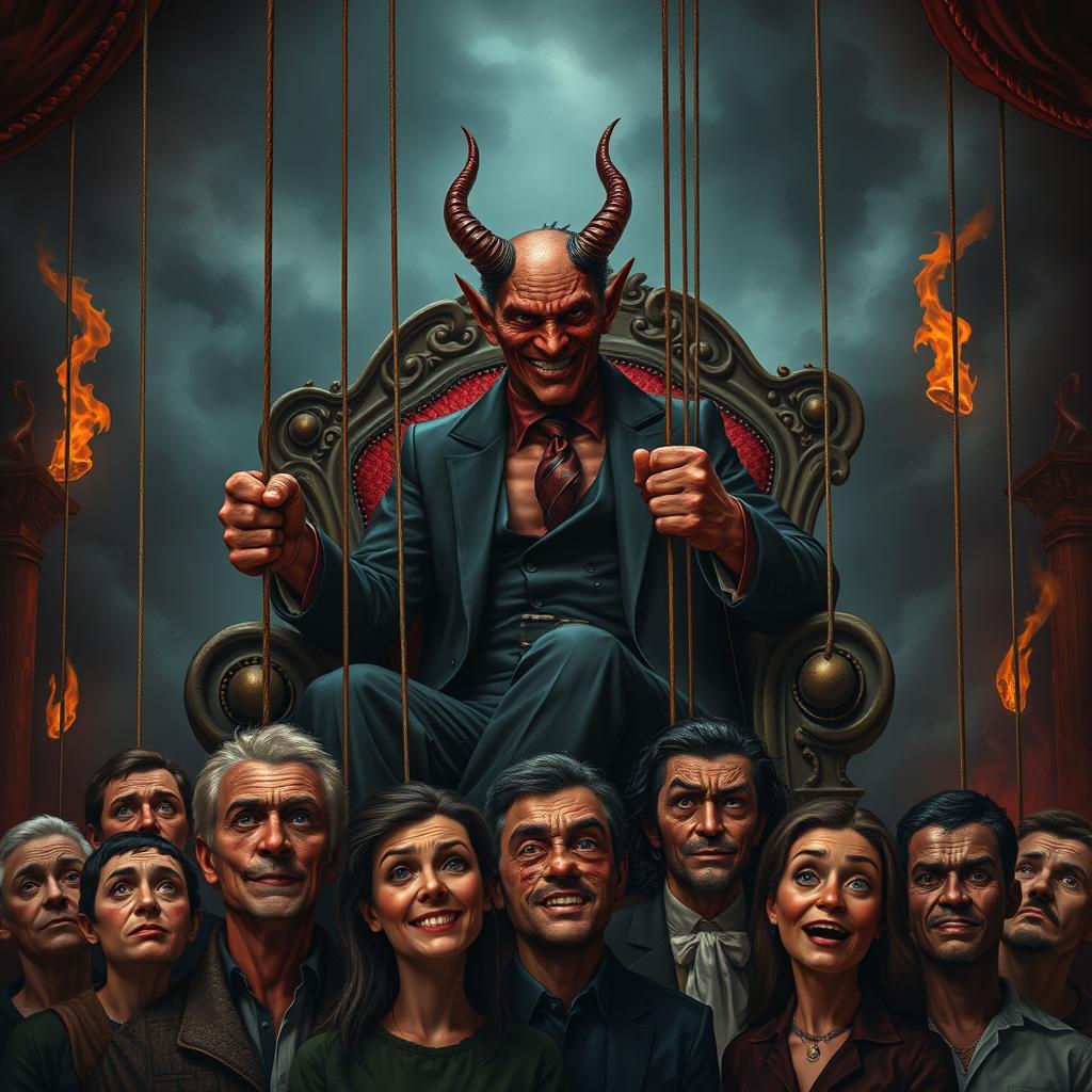 A realistic representation of the devil, with a cunning smile, sitting comfortably on a grand, ornate throne