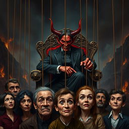 A realistic representation of the devil, with a cunning smile, sitting comfortably on a grand, ornate throne