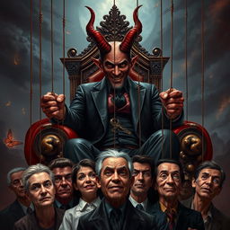 A realistic representation of the devil, with a cunning smile, sitting comfortably on a grand, ornate throne