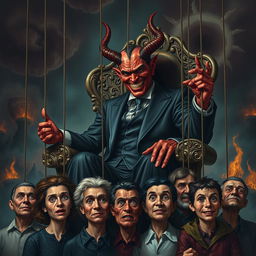 A realistic representation of the devil, with a cunning smile, sitting comfortably on a grand, ornate throne