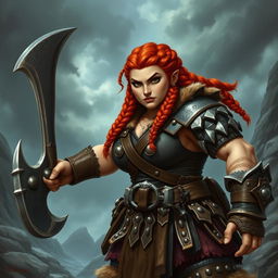 A stocky redhead barbarian dwarf lady, embodying strength and ferocity, stands assertively, gripping a massive battle axe with fierce determination