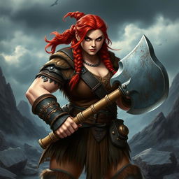 A stocky redhead barbarian dwarf lady, embodying strength and ferocity, stands assertively, gripping a massive battle axe with fierce determination