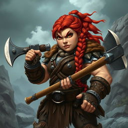 A stocky redhead barbarian dwarf lady, embodying strength and ferocity, stands assertively, gripping a massive battle axe with fierce determination