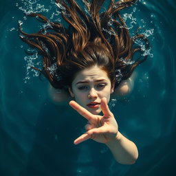 A dramatic overhead view of a girl drowning in water, her face partially submerged with only her outstretched hand visible above the surface, reaching for help