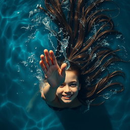 A dramatic overhead view of a girl drowning in water, her face partially submerged with only her outstretched hand visible above the surface, reaching for help