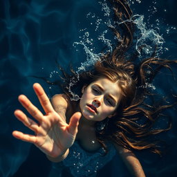 A dramatic overhead view of a girl drowning in water, her face partially submerged with only her outstretched hand visible above the surface, reaching for help