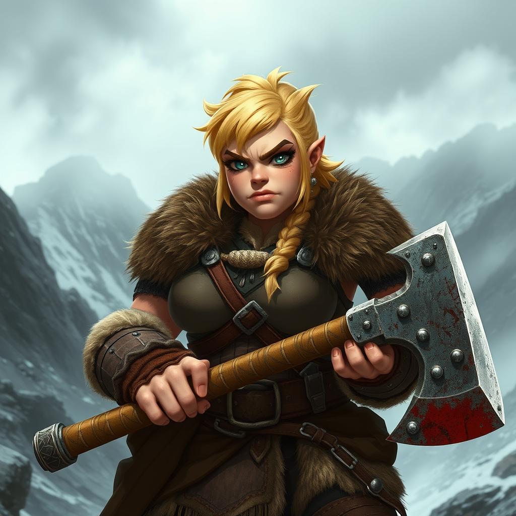 A grumpy, stocky blonde barbarian dwarven lady, standing with a fierce expression, firmly holding a large battle axe