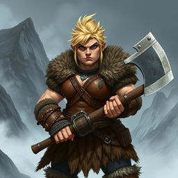 A grumpy, stocky blonde barbarian dwarven lady, standing with a fierce expression, firmly holding a large battle axe