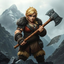A grumpy, stocky blonde barbarian dwarven lady, standing with a fierce expression, firmly holding a large battle axe