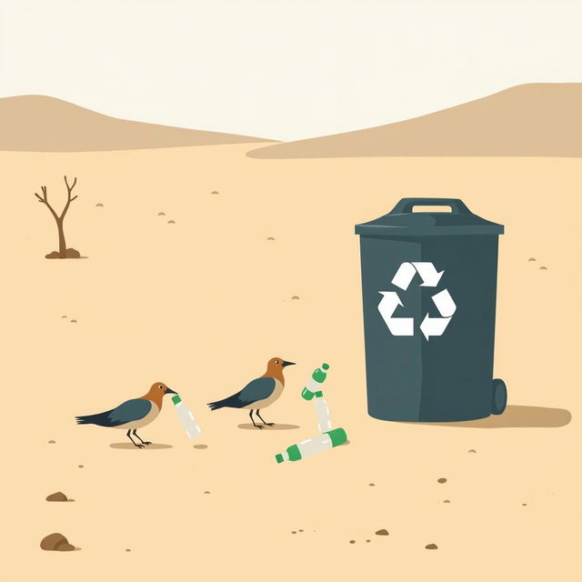 In a minimalist art style, the scene depicts a dry and barren desert landscape where stylized birds are shown picking up plastic bottles from the ground