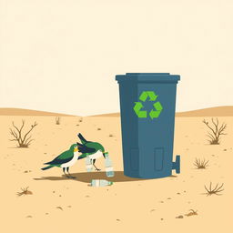 In a minimalist art style, the scene depicts a dry and barren desert landscape where stylized birds are shown picking up plastic bottles from the ground