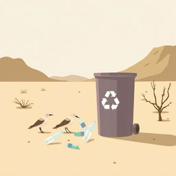 In a minimalist art style, the scene depicts a dry and barren desert landscape where stylized birds are shown picking up plastic bottles from the ground
