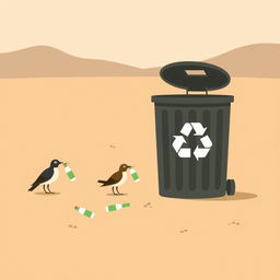 In a minimalist art style, the scene depicts a dry and barren desert landscape where stylized birds are shown picking up plastic bottles from the ground