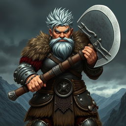 A grumpy, stocky silver-haired barbarian dwarven lady stands boldly, wielding a massive great axe with both hands