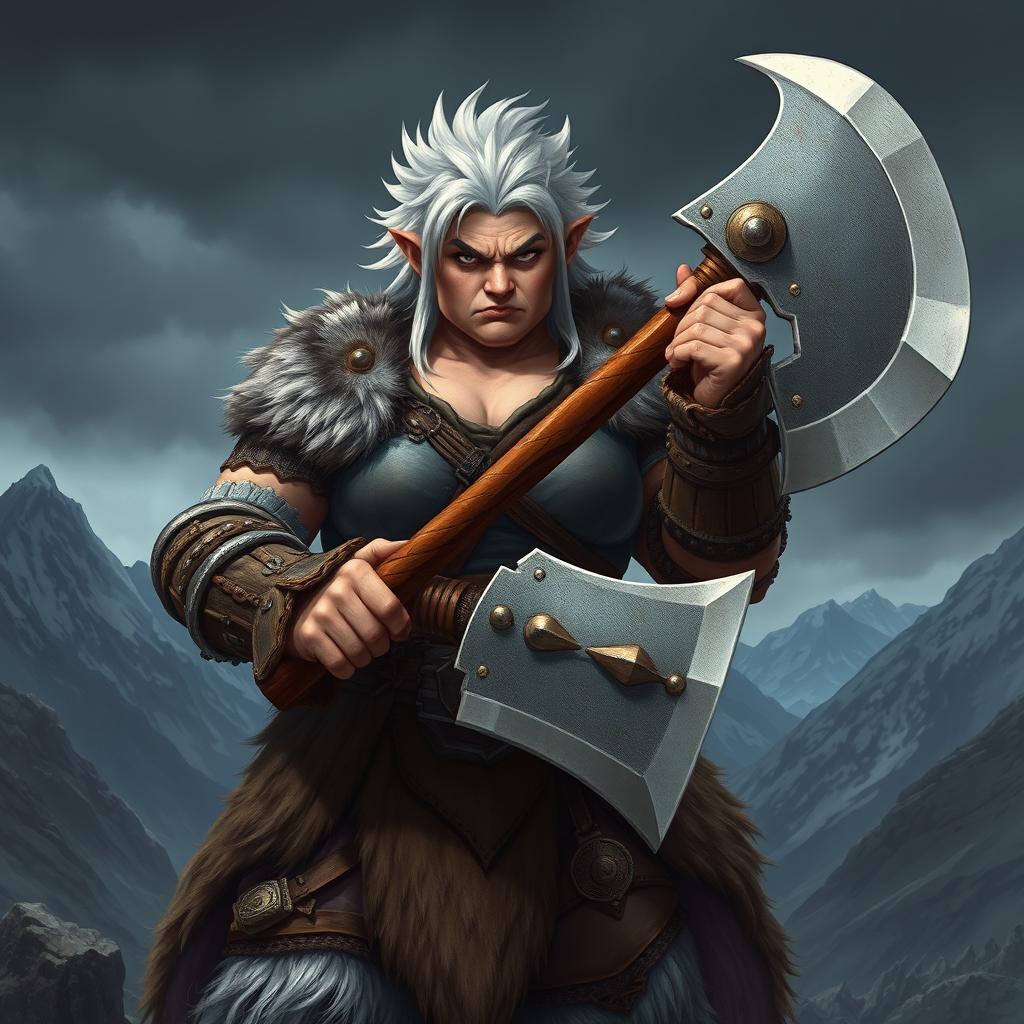 A grumpy, stocky silver-haired barbarian dwarven lady stands boldly, wielding a massive great axe with both hands